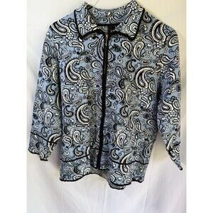 Essential G Santana Fine Knit Zip Front Paisley Print Blue Plus Size Sweater 1X
